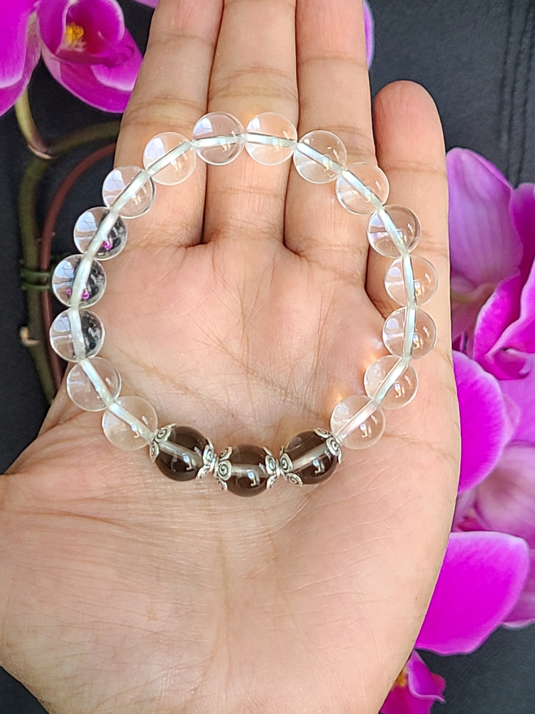 Vòng Đá Thạch Anh Trắng phối Thạch anh Khói, 10mm (Clear Quartz)