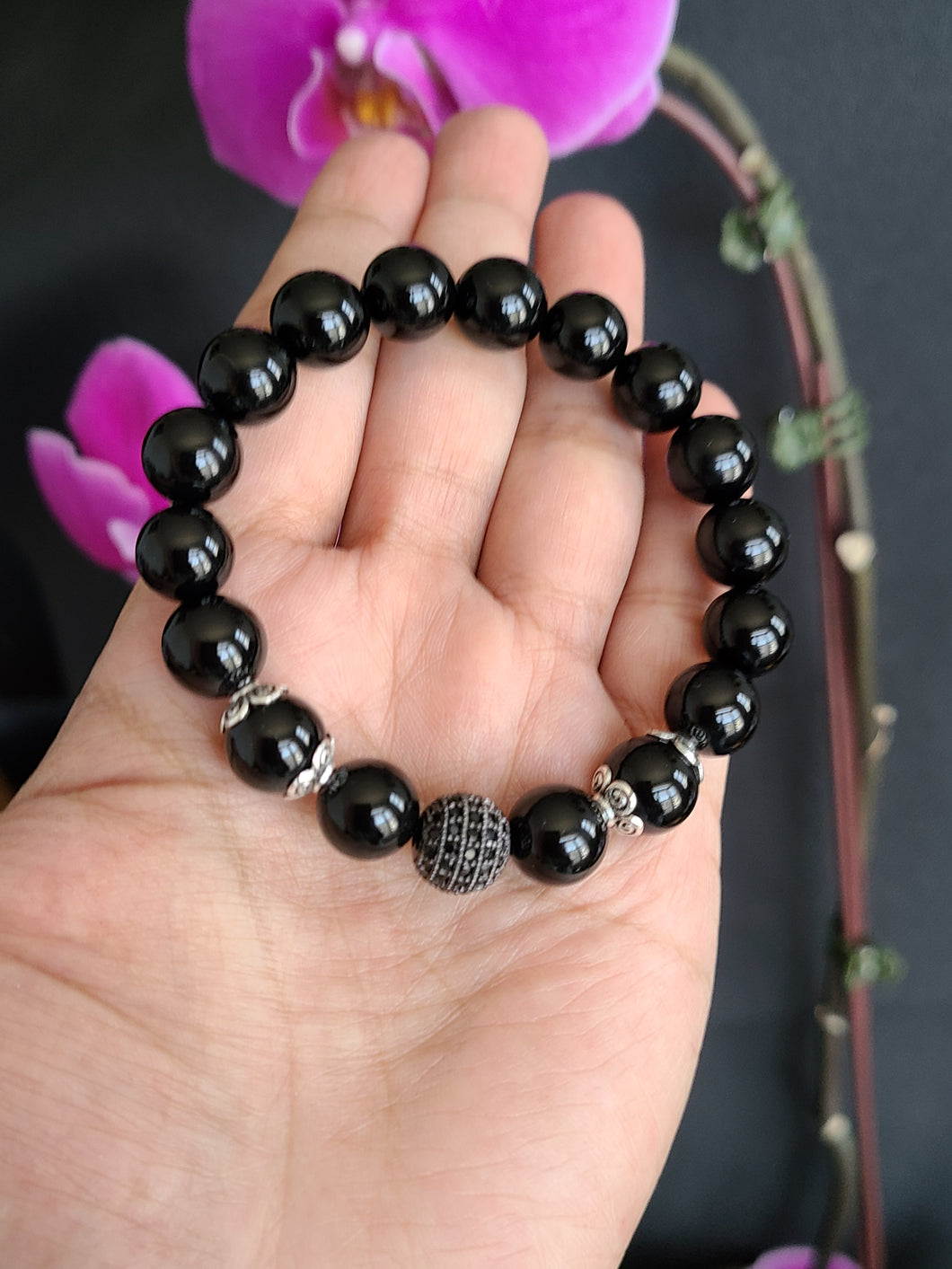 Vòng đá Mã Não Đen kết hợp charm,10mm(Black Agate)