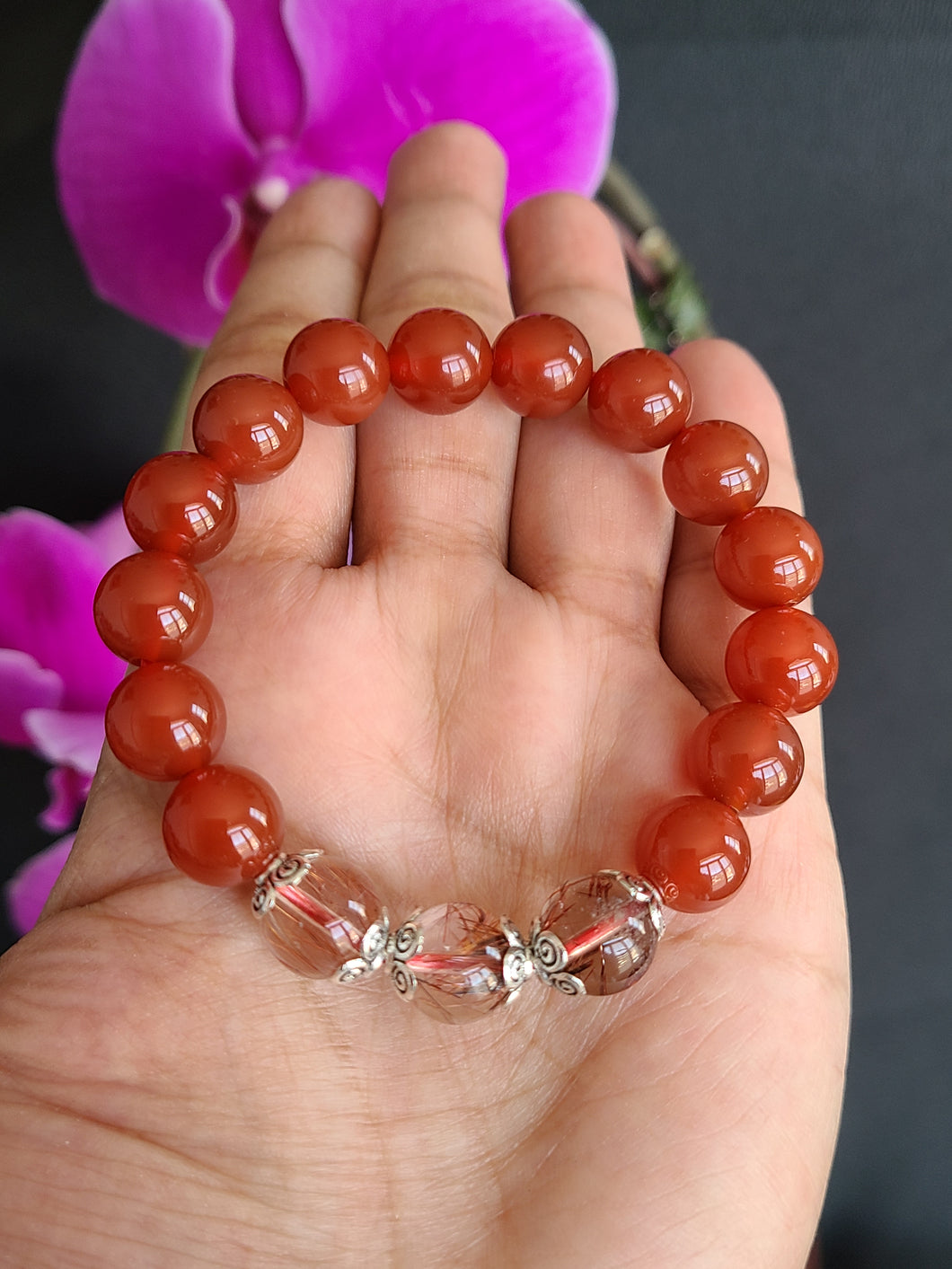 Vòng đá Carnelian phối Thạch anh Tóc Đỏ, 10mm